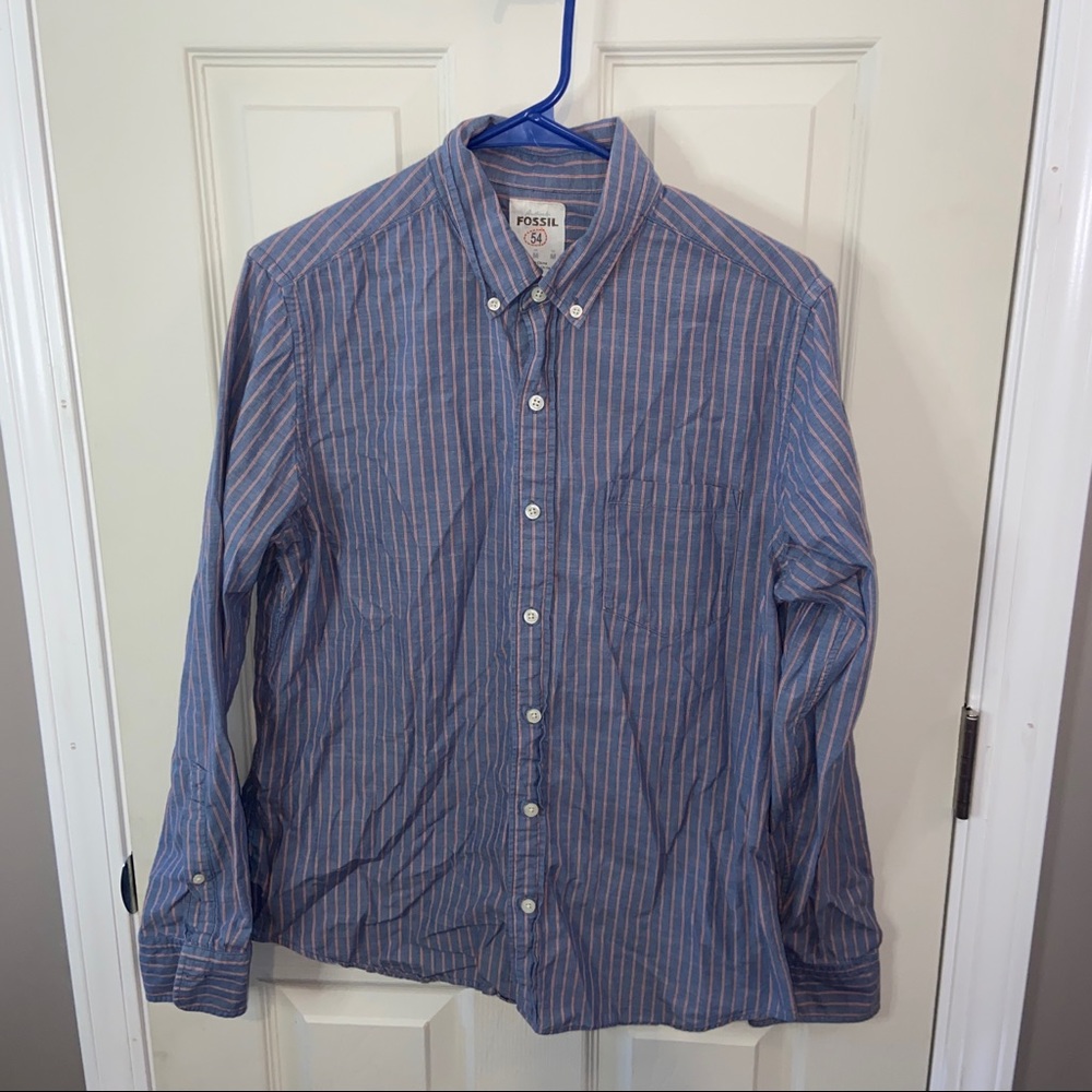 Fossil 454 mens button down shirt blue orange stripes